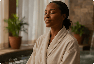 Woman in a robe relaxing with her eyes closed