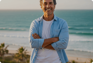 Smiling man with his arms crossed on a beach