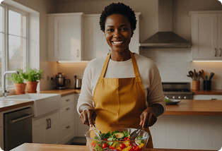 Smiling woman holding a bowl of salad in her kitchen