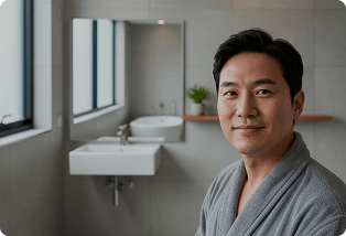 Man in a robe in a bright bathroom